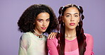 Fashion, face and women in studio with confidence, bold and creative in personal style. Beauty, retro and female people on purple background with accessories, edgy and unique in trendy aesthetic.