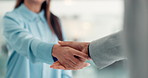 Recruitment, closeup and women in office, handshake and human resources management with onboarding. People, shaking hands and candidate in workplace, agreement and contract with thank you and offer