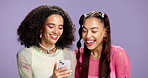 Laugh, friends and women in studio with phone for social media, online post and internet meme. Influencer, fashion and people on smartphone for connection, funny joke and website on purple background
