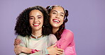 Face, people and hug with beauty in studio background for makeup, solidarity and cosmetics for glamour. Portrait, women and embrace with friends for support, facial makeover and aesthetic for change