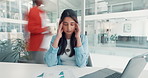 Business, speed and woman with headache, crisis and copywriting with pain, tension and pressure. People, time lapse and creative agency with journalist, migraine and stress with burnout and fatigue