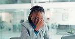 Black woman, headache and laptop with stress in office for burnout, fatigue or mental health. Female person, employee or strain with migraine or pain for deadline, pressure or overworked in workplace