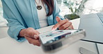 Business, smartphone and woman in office, typing and financial agency with website information. Person, investor and employee in workplace, cellphone and email for profit increase and economy news