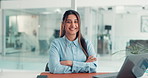 Face, business and woman with arms crossed, smile and financial agency with charts. Corporate professional, investor and person in workplace, happiness and confidence with pride and career ambition