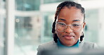 Creative, glasses and woman with laptop, office and proofreading draft for publication and magazine. Happy, journalist and black person with tech for story, editing and planning for news on website