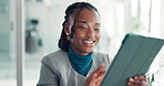 Black woman, tablet and smile in office at startup for insight, notes or checklist for project at media company. Person, writer and tech with app, review proposal and research at creative agency