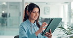 Business, tablet and woman in office, typing and creative agency with smile, copywriting and app. Person, employee and journalist in workplace, tech and publication with news report and submission