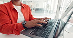 Creative, typing and hands of woman on laptop for research, news story and article review. Publishing, digital magazine and person on computer for reading feedback, online report or website in office