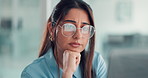 Glasses, thinking and black woman in office, laptop and copywriting with ideas, decision and email. Person, eyewear and journalist with pc, reflection and brainstorming with online reading and choice