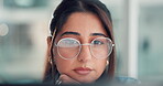 Office, glasses and woman with laptop, thinking and proofreading draft for publication and magazine. Creative, journalist and person with tech for story, editing and planning for news on website
