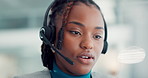 Call center, agent and woman with headset, discussion and explaining services to contact and talking. Telemarketing, communication and black person with tech for chat, lead generation and sales