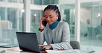 Phone call, financial advisor and business black woman on laptop for report, consulting and investment deal. Corporate, finance agent and person on smartphone for discussion, conversation and contact