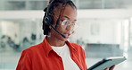 Headset, tablet and black woman in office talking for virtual assistance, conversation and online advice. Startup, communication and person on digital tech for consulting, client help and contact