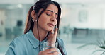 Woman, toothache and stress for pain in office with glass, water and massage for relief at media agency. Person, writer and frustrated with dental crisis, cavity or rotten teeth at creative workplace