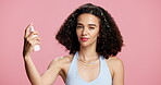 Woman, setting spray and face in studio with smile, make up and hydration in mockup. Happy, confident person or model for beauty with pink background, cosmetic and natural glow for self care.