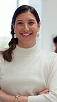 Face, happy and woman with arms crossed in office for journalism career, job growth and about us. Publishing agency, intern journalist and confidence in newsroom for creative opportunity or reporting