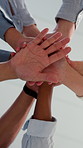 Hands, stack and below with team at office with motivation, celebration and goals at company. Business people, circle and pile with palm, support or achievement with success for project at agency