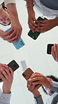 Office, hands and group with phones, research and digital marketing on social media or communication. Networking, colleagues and people with mobile for project, low angle and collaboration with tech