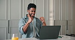 Wow, success and man in house with laptop, trading achievement and results in portfolio growth. Smile, clap and investor in home with tech, investment profit or breakthrough in stock market.