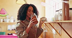 Happy woman, chef and ingredients with jar of spices in kitchen for cooking class or hospitality. Female person, culinary artist or smile with smell or fragrance for seasoning recipe, flavor or herbs