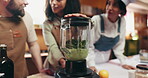Hands, chef and people with blender, kitchen and teamwork for meal prep, advice and culinary skills. Helping, interns and mentor with tips for cooking, group and mixing ingredients which machine