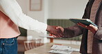 Handshake, business people or tablet for deal, partnership negotiation or collaboration for financial growth. Analyst, shaking hands or meeting with digital contract for agreement, discussion or tech