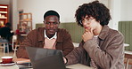Men, students and discussion in cafe with laptop for college project, collaboration or research. University, tech or people in coffee shop with conversation for assignment, academic task or teamwork.