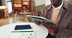 Scroll, research and man in cafe with tablet, data gathering and analysis in remote work. Digital, review and virtual consultant in coffee shop with tech, graph and trend report for project.