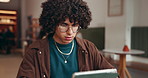 Business, man and reading with tablet at cafe for research, editing article and newsletter report. Person, freelancer and digital to review draft, email source and information for publication at shop