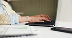 Hands, business and person with laptop at coffee shop for research, data entry and financial report. Woman, typing and pc with graph document, finance analysis and review budget for cafe performance