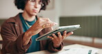 Reading, man and scroll on tablet in coffee shop, website design and digital report for user experience. Creative aesthetic, visual optimization or employee in cafe with tech, testing and zoom on app