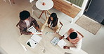 Above, documents and business people in cafe, teamwork and meeting for proposal feedback. Employees, group and cooperation in restaurant, conversation and review for company policy and paperwork