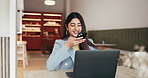 Phone, laptop and woman in cafe for freelance feedback, typing email or news report. Mobile, remote work and happy journalist on computer for article, research story or fact check info in coffee shop