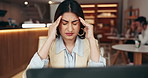 Frustrated woman, laptop and cafe with headache for stress, debt or financial crisis in coffee shop. Female person, reading and bad news with migraine or anxiety on computer for bankruptcy or mistake