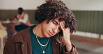 Frustrated man, pain and headache with stress for eye strain, vertigo or dizziness in coffee shop. Male person, migraine or fatigue with glasses or ache for pressure, anxiety or burnout in cafe