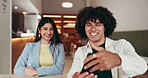 Selfie, business or people at cafe with mobile, bonding together or digital memory on lunch break. Happy, social media or employee at restaurant with tech, partnership goal or team joy in online post
