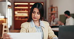 Business, woman or typing in restaurant with laptop, research or data capture for company. Online, entrepreneur or tech in cafe with documents, review or information processing for evaluation.
