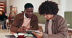 Data analytics, students and discussion in cafe with tablet for college project, research and teamwork. Conversation, tech and people in coffee shop for stats assignment, task and collaboration.