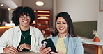 Selfie, business or people at cafe with phone, bonding together or digital memory on lunch break. Smile, social media or employee at coffee shop with tech, partnership goal or team joy in online post