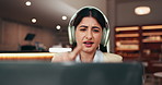 Woman, video call and laptop at cafe with talk, business consulting or headphones for remote work. Person, agent and freelance advisor with virtual meeting, solution or problem solving at coffee shop