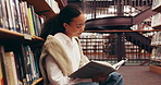 Woman, learning and reading with book in library for knowledge, education or wisdom in bookstore. Female person, academic learner or university with novel on bookshelf for story, information or study