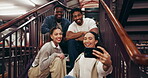 Happy, people and selfie with students in library for photography, study break and social media post. Smile, friends and stairs with profile picture update, education and bonding together for memory