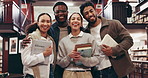 Happy students, friends and face with books in library for study group, knowledge or education. Portrait, people or academic learners with smile in bookstore for learning, wisdom or information