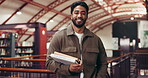 Student, face and man with books in library for thesis research, exam preparation or study material. Education, person and happy with textbooks at college for course information or academic resources