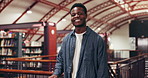 Face, student and black man in library, smile and education with knowledge, scholarship and college. Happy, academic and African person with confidence, university and growth with books and studying