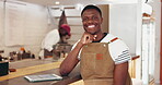 Smile, face and black man at restaurant with tablet, menu development and plan for small business. Research food trend, tech and happy entrepreneur in kitchen, recipe creation and culinary innovation