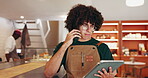 Phone call, waiter and tablet with man in cafe for delivery schedule, contact and menu supply checklist. Online order, hospitality and restaurant reservation with person in coffee shop for shipment