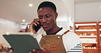 Phone call, reading and tablet with black man in cafe for delivery schedule, contact and menu supply checklist. Online order, hospitality and restaurant reservation with person in coffee shop