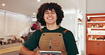 Face, waiter and tablet with man in cafe for delivery schedule, reading and menu supply checklist. Online order, update and restaurant reservation with person in coffee shop for inventory app