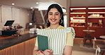 Restaurant, happy and face of woman with tablet for small business, cafe manager and service. Hospitality, smile and portrait of person with digital tech for inventory, online menu and reservation